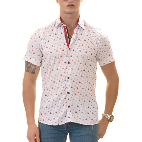 Short Sleeve Button Up Shirt // Sailor Print + White (S)