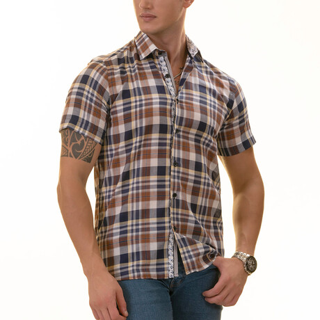 Short Sleeve Button Up Shirt // Blue + Brown (S)