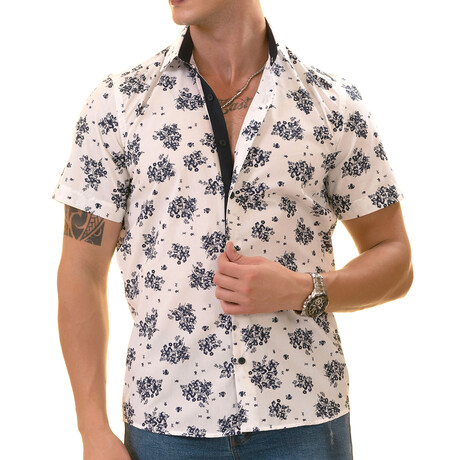 Short Sleeve Button Up Shirt // Navy + Floral + White (S)