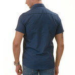 Short Sleeve Button Up Shirt // Blue + Black Checkered (L)