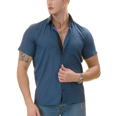 Short Sleeve Button Up Shirt // Blue + Black Checkered (L)