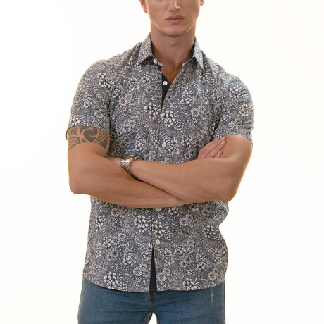 Short Sleeve Button Up Shirt // Navy + Floral (S)