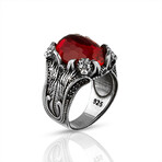925 Sterling Silver Garnet Stone with Lion Head Men's Ring // Silver + Red (9.5)
