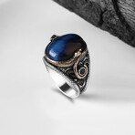 925 Sterling Silver Blue Tiger's Eye Stone with Snake Details Men's Ring // Silver + Blue (8.5)