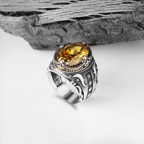 925 Sterling Silver Citrine Stone Men's Ring // Silver + Yellow (6.5)