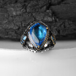 925 Sterling Silver Shield Shape Blue Topaz Stone Men's Ring // Silver + Blue (7)