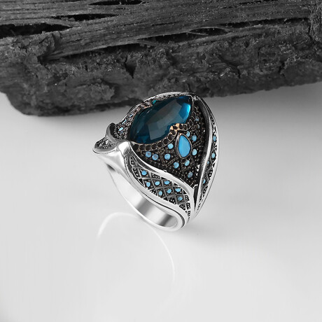 925 Sterling Silver Aquamarine Stone Men's Ring // Silver + Blue (6.5)