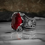 925 Sterling Silver Garnet Stone with Lion Head Men's Ring // Silver + Red (7)
