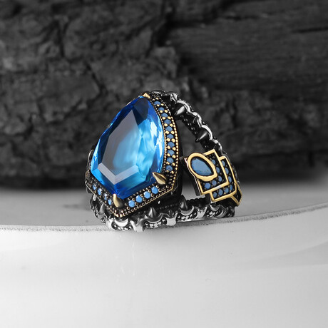 925 Sterling Silver Shield Shape Blue Topaz Stone Men's Ring // Silver + Blue (6.5)