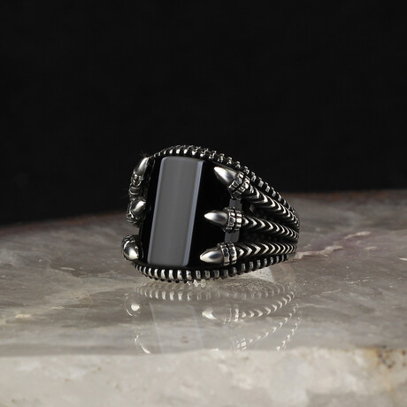 925 Sterling Silver Onyx Stone with Claw Shape Men's Ring // Silver + Black (6.5)