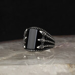 925 Sterling Silver Onyx Stone with Claw Shape Men's Ring // Silver + Black (9)