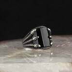 925 Sterling Silver Onyx Stone with Claw Shape Men's Ring // Silver + Black (7)