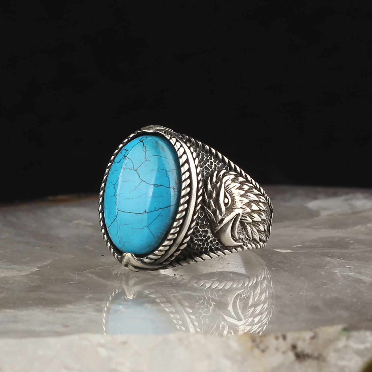 925 Sterling Silver Turquoise Stone with Eagle Head Men's Ring ...