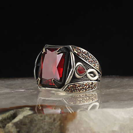 925 Sterling Silver Garnet Stone Men's Ring V2 // Silver + Red (6.5)
