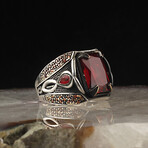 925 Sterling Silver Garnet Stone Men's Ring V2 // Silver + Red (8)