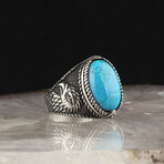 925 Sterling Silver Turquoise Stone with Eagle Head Men's Ring // Silver + Turquoise (9.5)