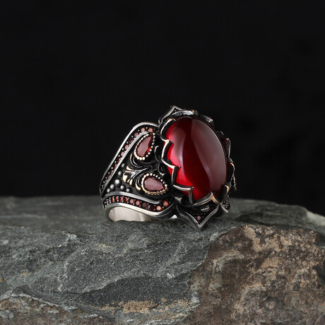 925 Sterling Silver Garnet Stone Men's Ring V3 // Silver + Red (6.5)
