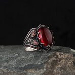 925 Sterling Silver Garnet Stone Men's Ring V3 // Silver + Red (10.5)