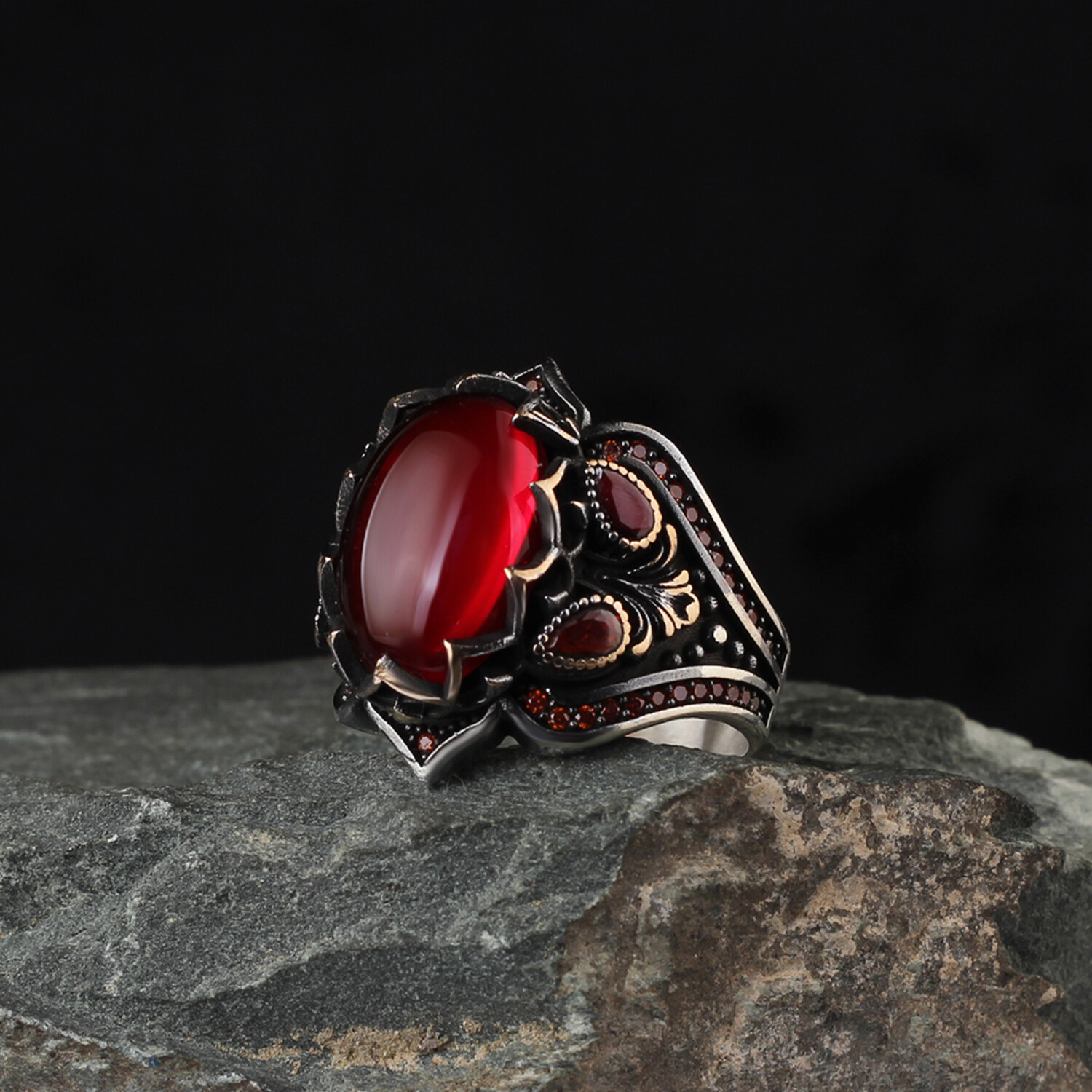 925 Sterling Silver Garnet Stone Men's Ring V3 // Silver + Red (14 ...