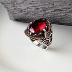 925 Sterling Silver Garnet Stone Men's Ring // Silver + Red (6.5)