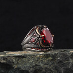 925 Sterling Silver Garnet Stone Men's Ring V1 // Silver + Red (8.5)