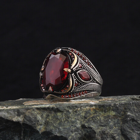 925 Sterling Silver Garnet Stone Men's Ring V1 // Silver + Red (6.5)