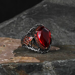 925 Sterling Silver Shield Shape Garnet Stone Men's Ring // Silver + Red (8.5)