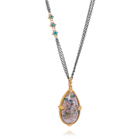 Amáli // 18K Yellow Gold + Sterling Silver Blue Diamond + Mexican Opal Pendant Necklace // 16"-17.5" // Store Display