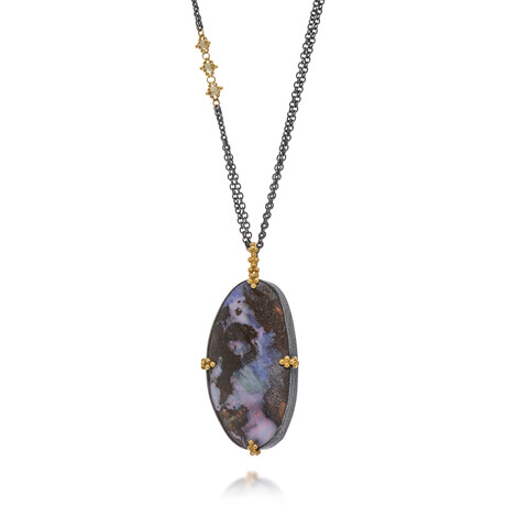 Amáli // 18K Yellow Gold + Sterling Silver Diamond + Boulder Opal Pendant Necklace // 16"-18" // Store Display