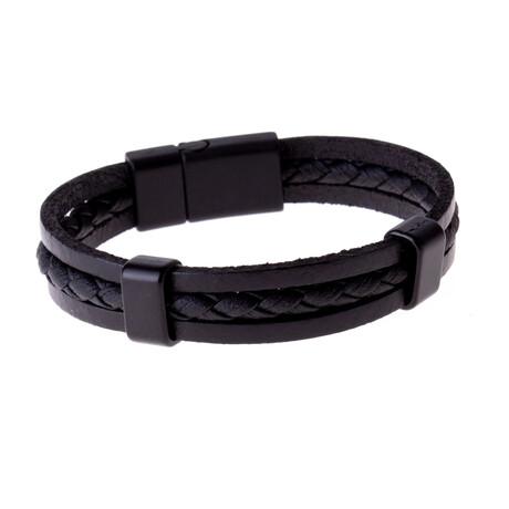 Knitted + Middle Leather Bracelet Set // Set of 3 // Black