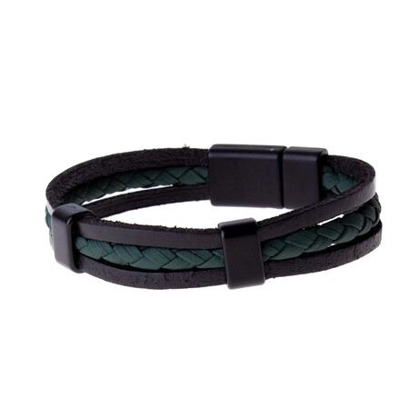 Black Knitted + Leather Bracelet Set // Set of 3
