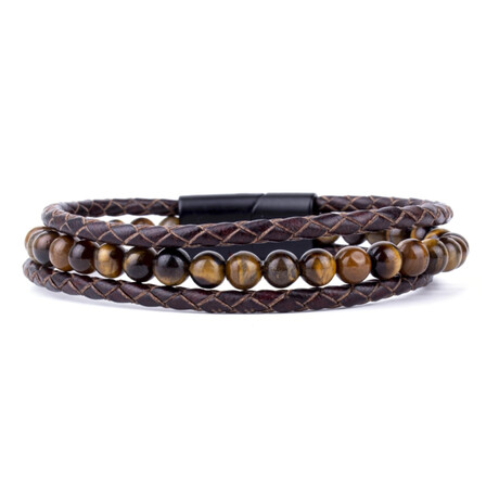 Leather + Turtle Eye Natural Stone Bracelet Set // Set of 3 // Brown
