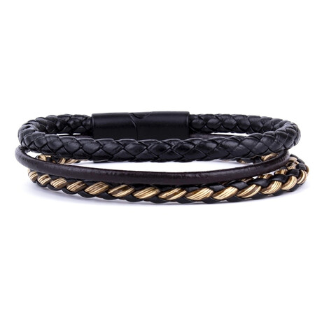 Rope + Leather Bracelet Set // Set of 3 // Brown + Black + Cream