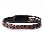 Cream Brown Straw Knitting + Leather Rope Bracelet Set // Set of 2