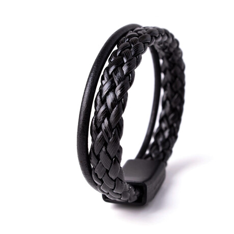 Black Straw Knit + Rope Leather Bracelet