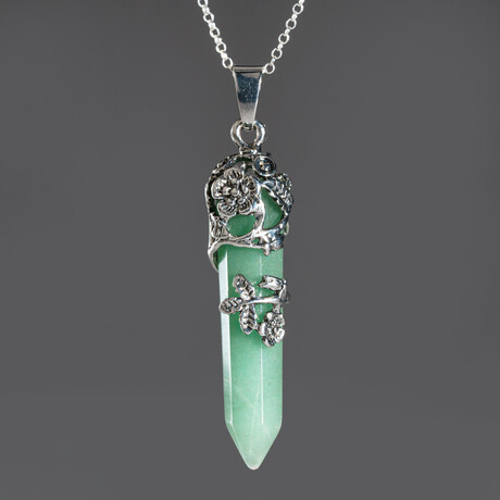 Green Aventurine Point in Sterling Silver Pendant // 18" Sterling Silver Chain