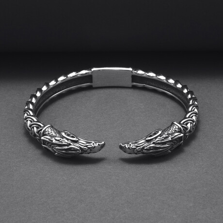 Norse Ornament Raven Heads Cuff Bracelet // Silver