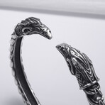 Norse Ornament Raven Heads Cuff Bracelet // Silver