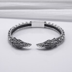 Norse Ornament Raven Heads Cuff Bracelet // Silver