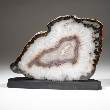 Genuine Polished Banded Agate Slice on Custom Wooden Stand