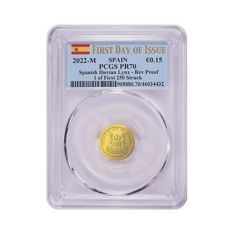 2022-M 1/10th Ounce Spanish Gold Doubloon // Iberian Lynx // Reverse Proof // PCGS Certified PR70 1 of 1st 250 Struck