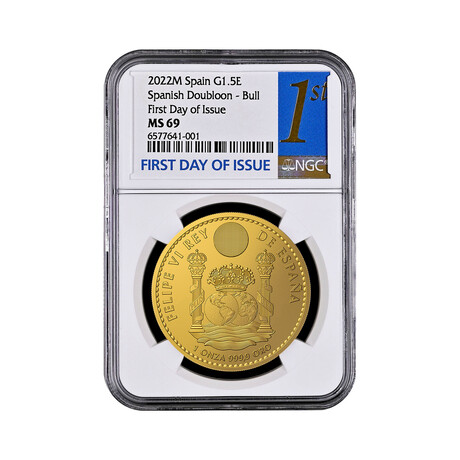 2022-M 1 Ounce Spanish Gold Doubloon // Toro (Bull) // Reverse Proof // NGC Certified MS69 First Day of Issue