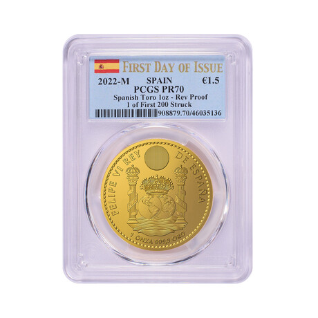 2022-M 1 Ounce Spanish Gold Doubloon // Toro (Bull) // Reverse Proof // PCGS Certified PR70 1 of 1st 200 Struck