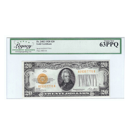 1928 $20 Small Size Gold Certificate // Legacy Certified Gem Uncirculated 63 PPQ