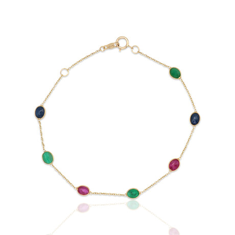 18K Yellow Gold Oval Ruby + Emerald + Sapphire Single Line Bracelet // 7.5" // Pre-Owned