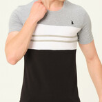 Crewneck Blocked Striped T-Shirt // Gray + White + Black + Beige (S)