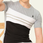 Crewneck Blocked Striped T-Shirt // Gray + White + Black + Beige (S)