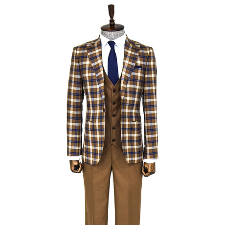 Franco Slim Fit Plaid 3-Piece Vested Suit // Brown + White + Navy (Euro: 42)