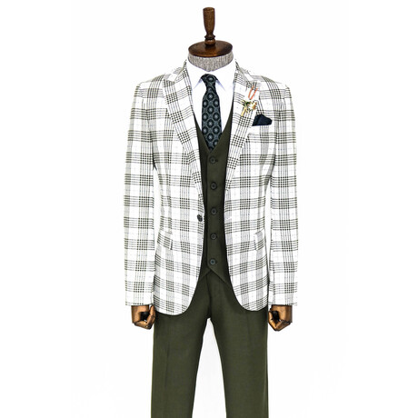 Callan Slim Fit Plaid 3-Piece Vested Suit // Green + White (Euro: 42)