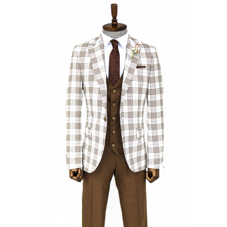 Weston Slim Fit Plaid 3-Piece Vested Suit // Brown + White (Euro: 42)